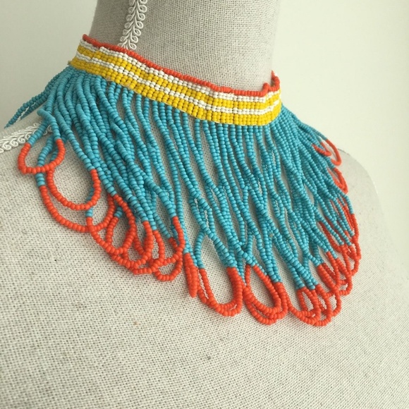 Vintage 70s 80s Hand Beaded Statement Tribal Choker Collar Necklace - Picture 3 of 3